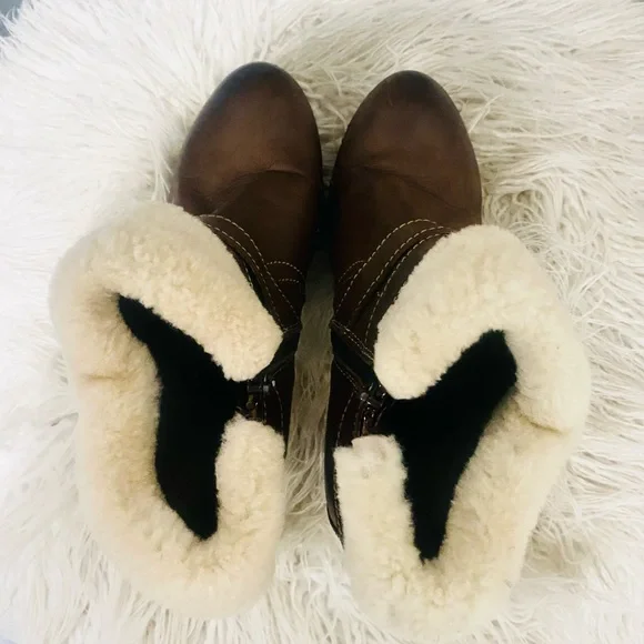 Women’s Manas Brown Leather Fleece Lined Fur Cuff Ankle Boots Studs Block Heel - Picture 5 of 11